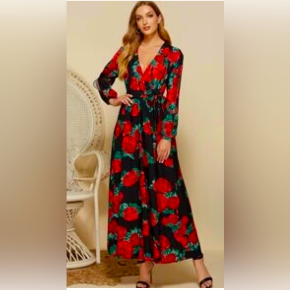 Simple Flavor Surplice Neck Split Sleeve Belted Floral Dress Size Small